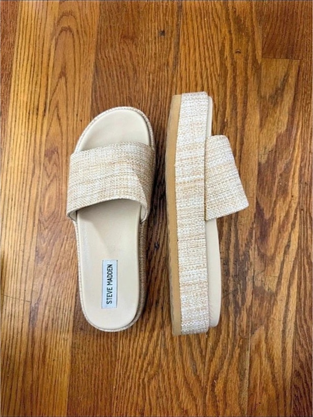 Steve Madden Brandy Raffia Woven Platform Slide Sandal in Cream